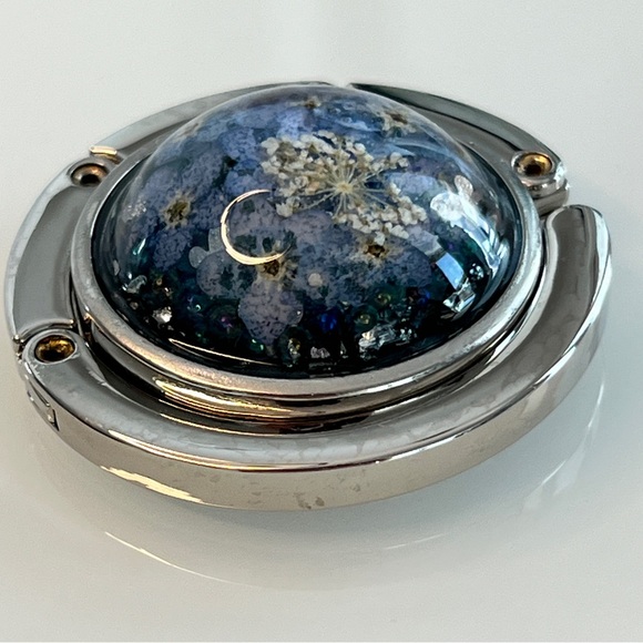 Foldable Bag Hook/Purse Hanger - Handmade - Blue Flowers - Fits Most Tables - Picture 3 of 7